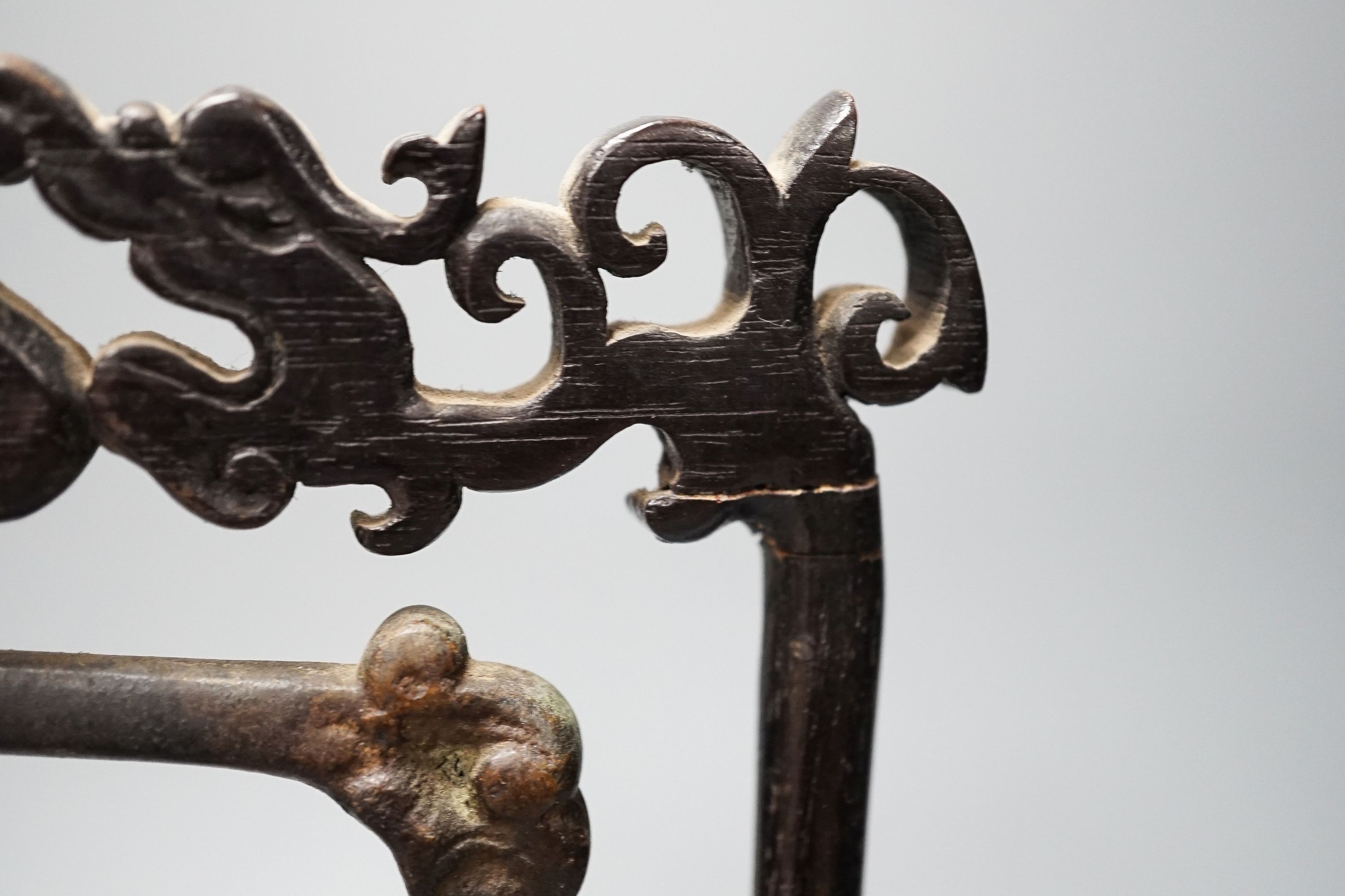 A Chinese archaistic bronze hanging vessel, wood stand 34cm